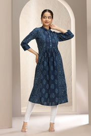 Navy Blue Jaipuri Cotton Printed A Line Kurta for women and girl