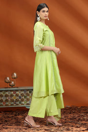 Neon Green Chanderi Kalidar Embroidered Kurta Palazzo and Dupatta Set for women and girls 