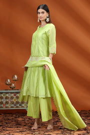 Neon Green Chanderi Kalidar Embroidered Kurta Palazzo and Dupatta Set for women and girls 
