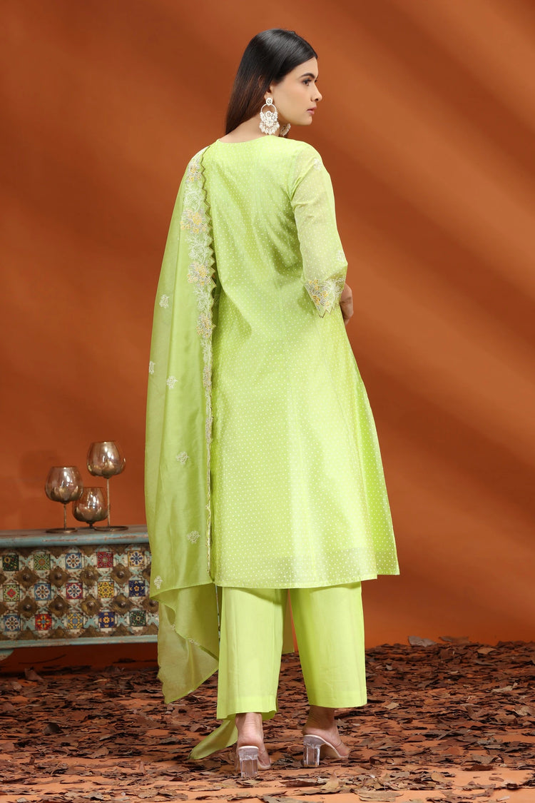 Neon Green Chanderi Kalidar Embroidered Kurta Palazzo and Dupatta Set for women and girls 