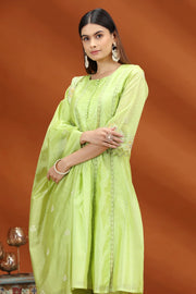 Neon Green Chanderi Kalidar Embroidered Kurta Palazzo and Dupatta Set for women and girls 