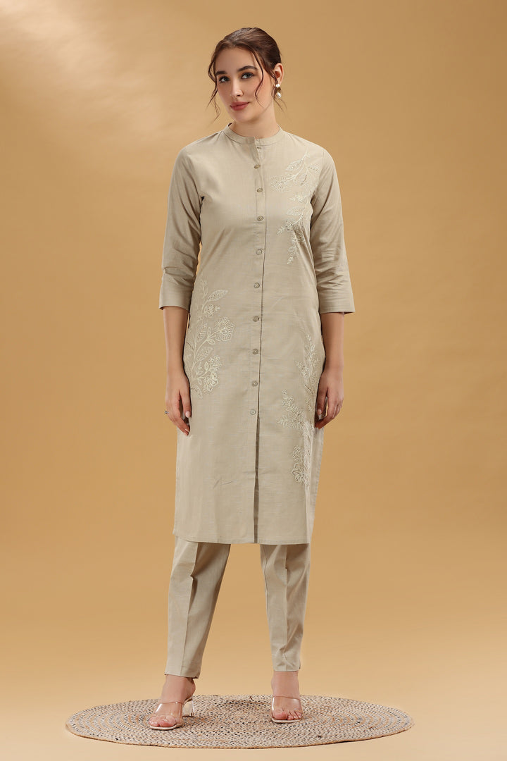 Beige Emboridered Flax Cotton A Line Kurta Pant Co ord Set