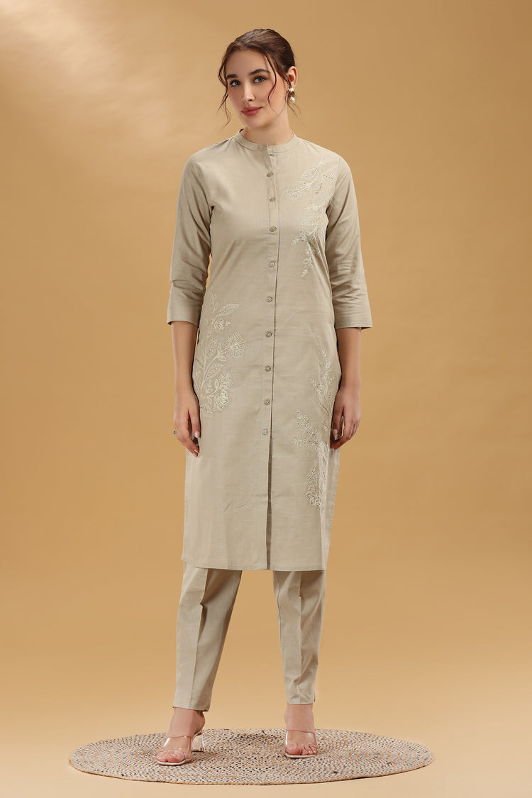 Beige Emboridered Flax Cotton A Line Kurta Pant Co ord Set
