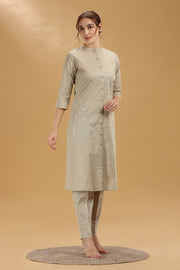 Beige Emboridered Flax Cotton A Line Kurta Pant Co ord Set