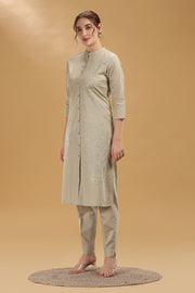 Beige Emboridered Flax Cotton A Line Kurta Pant Co ord Set