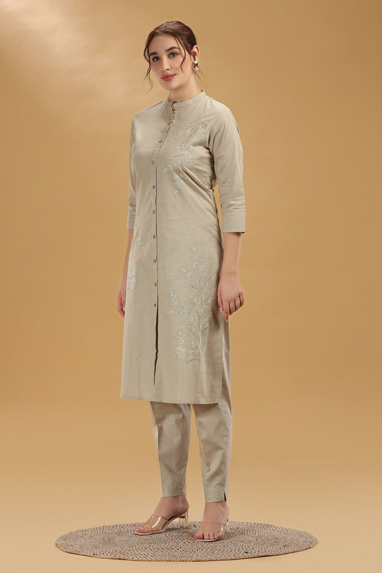 Beige Emboridered Flax Cotton A Line Kurta Pant Co ord Set
