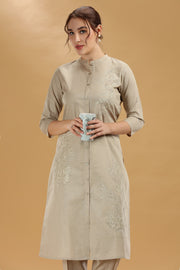 Beige Emboridered Flax Cotton A Line Kurta Pant Co ord Set