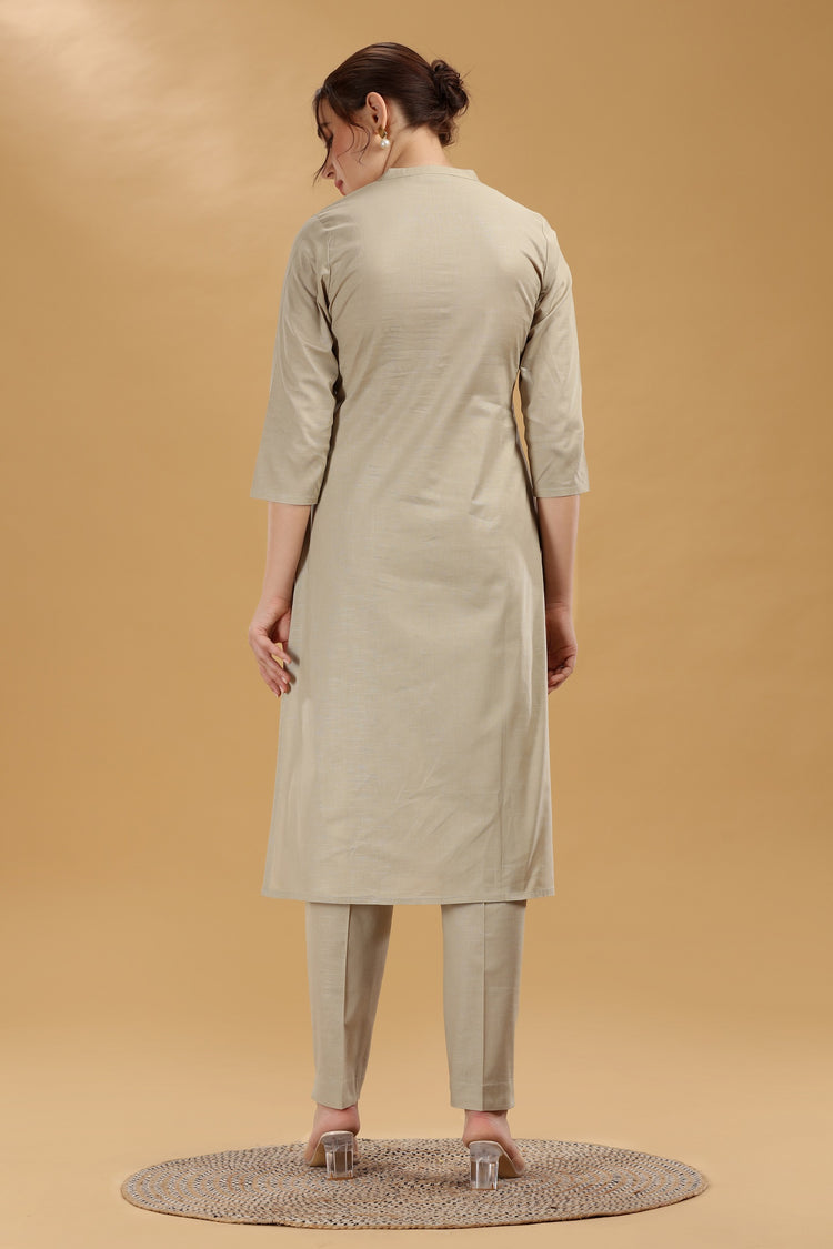 Beige Emboridered Flax Cotton A Line Kurta Pant Co ord Set