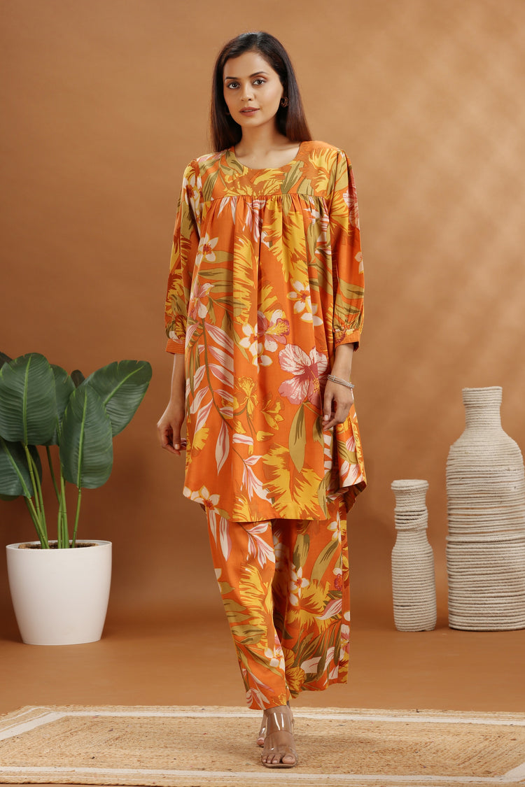 Orange Rayon Straight Floral Printed Kurta and Pant Set