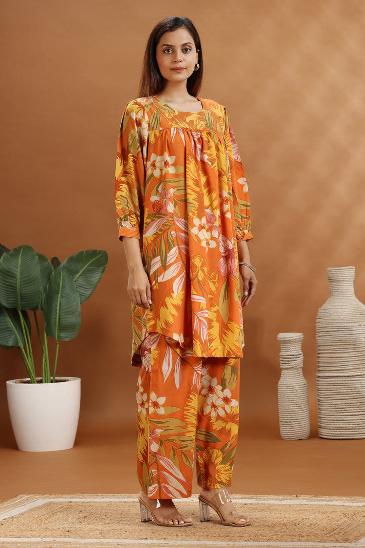 Orange Rayon Straight Floral Printed Kurta and Pant Set