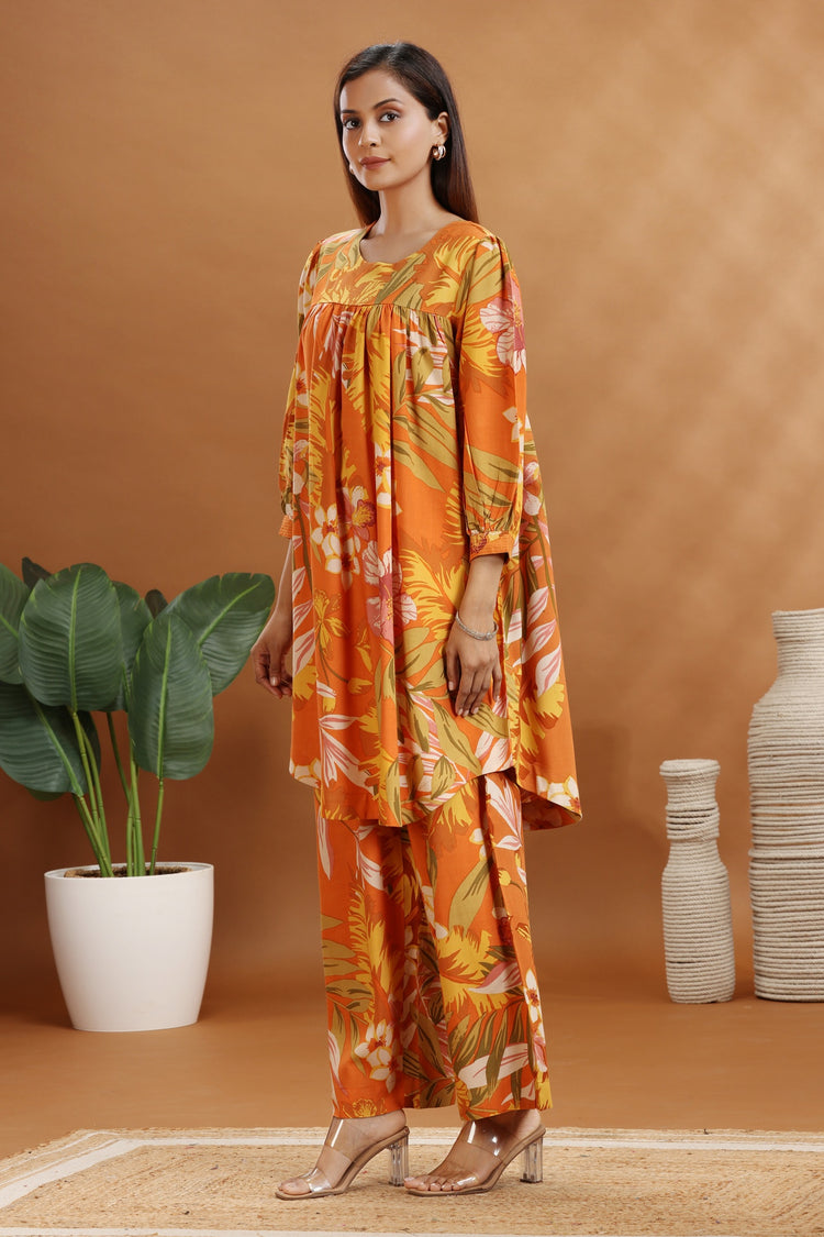 Orange Rayon Straight Floral Printed Kurta and Pant Set