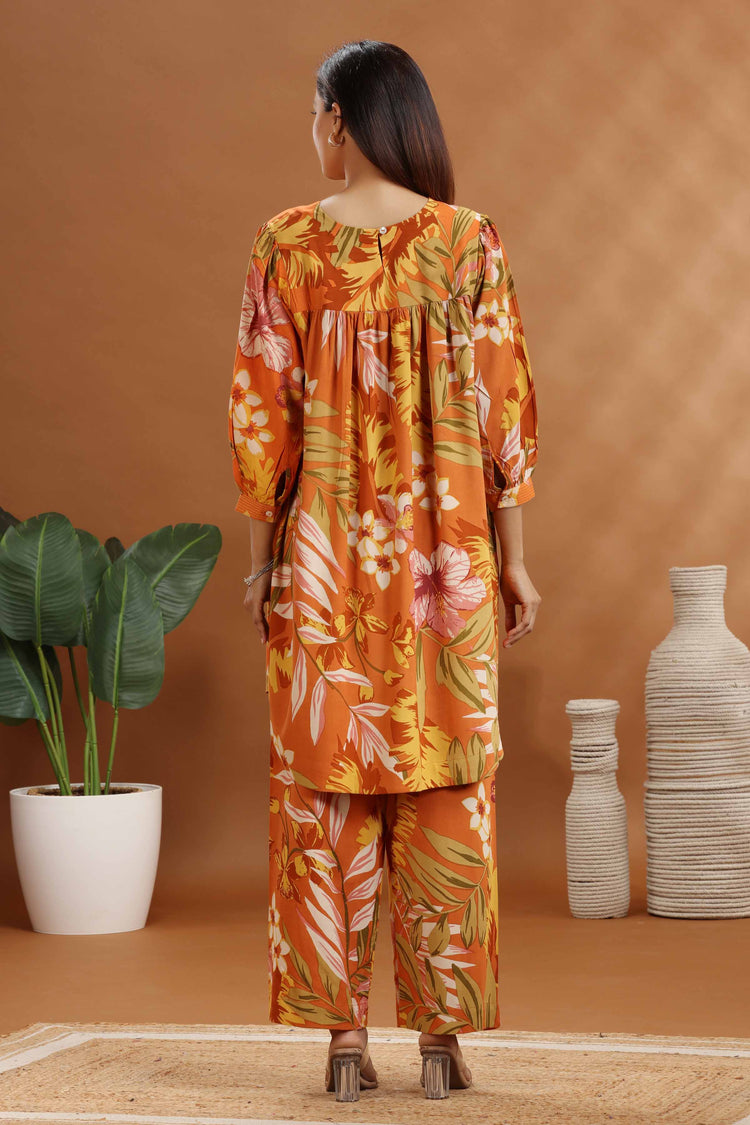 Orange Rayon Straight Floral Printed Kurta and Pant Set