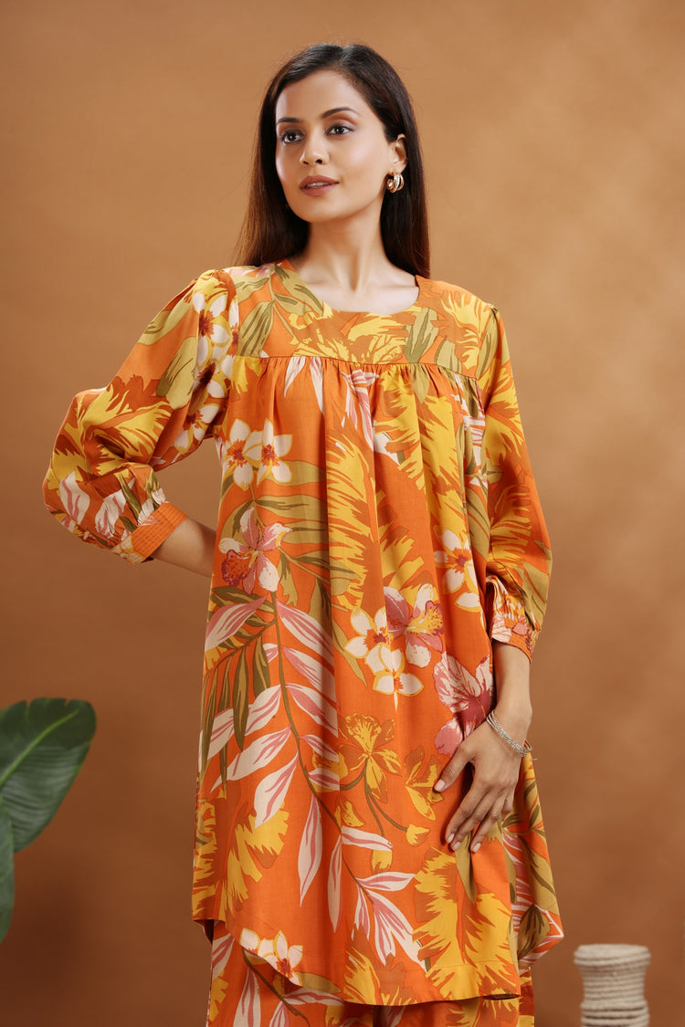 Orange Rayon Straight Floral Printed Kurta and Pant Set