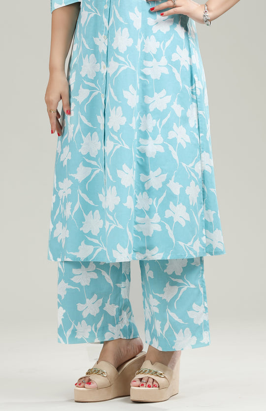 Sky Blue Jaipuri Cotton Straight Fit Printed Pant