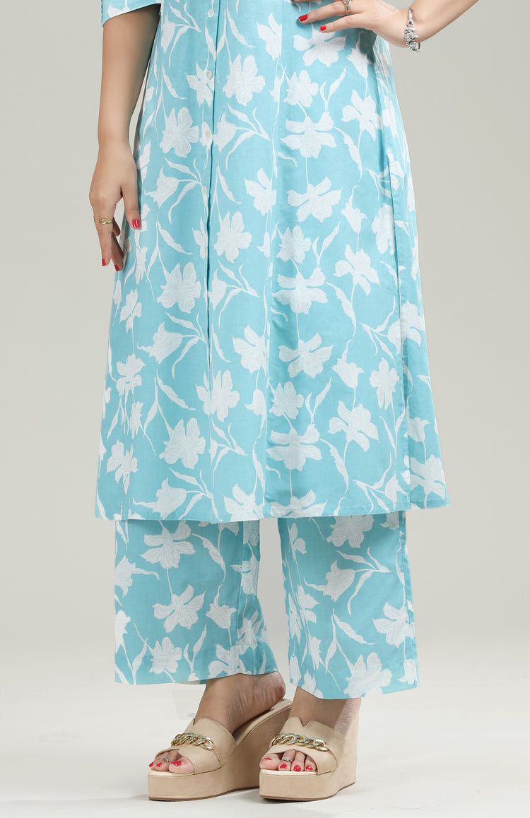 Sky Blue Jaipuri Cotton Straight Fit Printed Pant