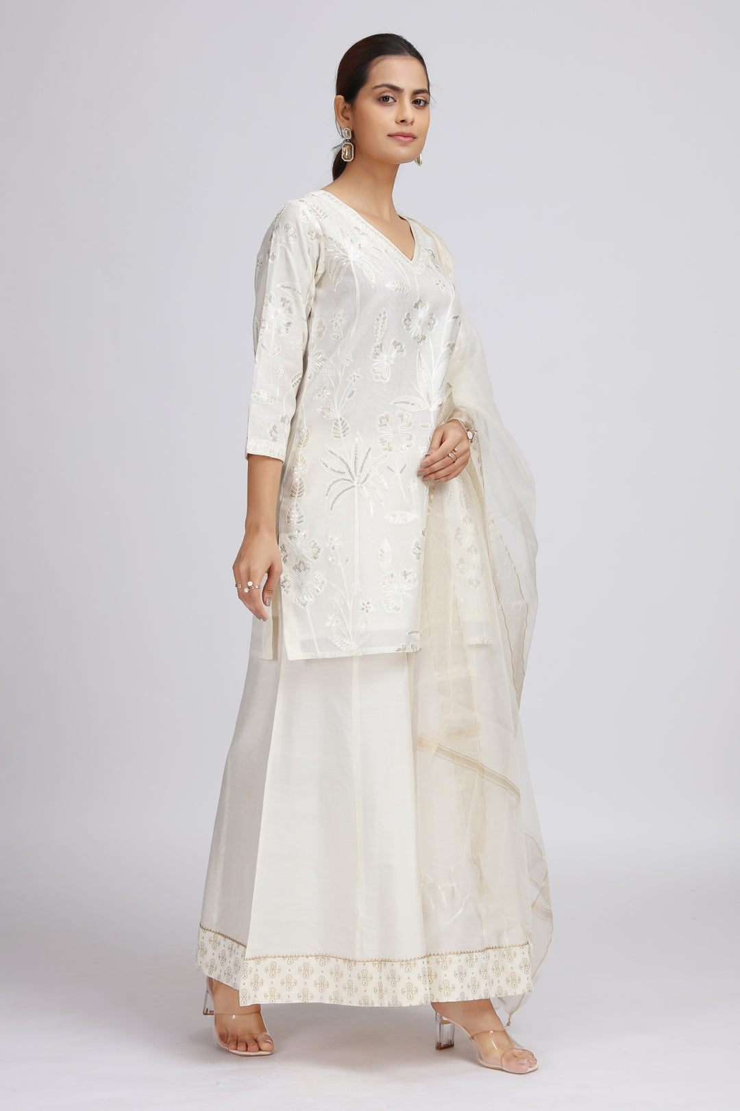 Off White Chanderi Embroidered Straight Kurta Palazzo and Dupatta Suit Set