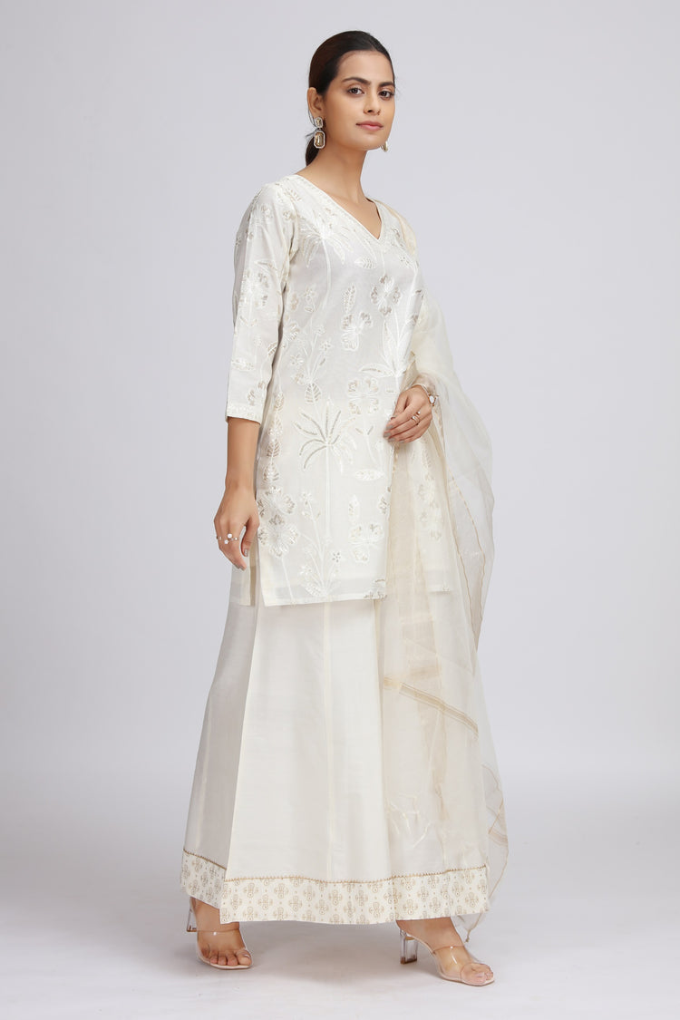 Off White Chanderi Embroidered Straight Kurta Palazzo and Dupatta Suit Set