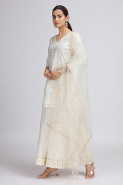 Off White Chanderi Embroidered Straight Kurta Palazzo and Dupatta Suit Set