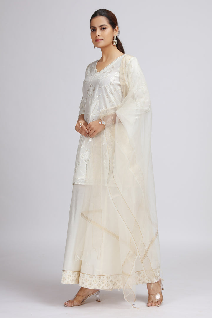 Off White Chanderi Embroidered Straight Kurta Palazzo and Dupatta Suit Set