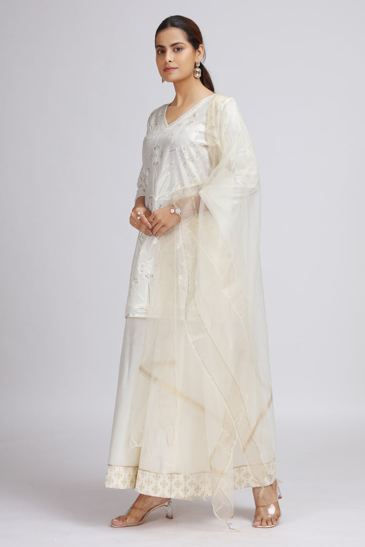 Off White Chanderi Embroidered Straight Kurta Palazzo and Dupatta Suit Set
