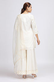 Off White Chanderi Embroidered Straight Kurta Palazzo and Dupatta Suit Set