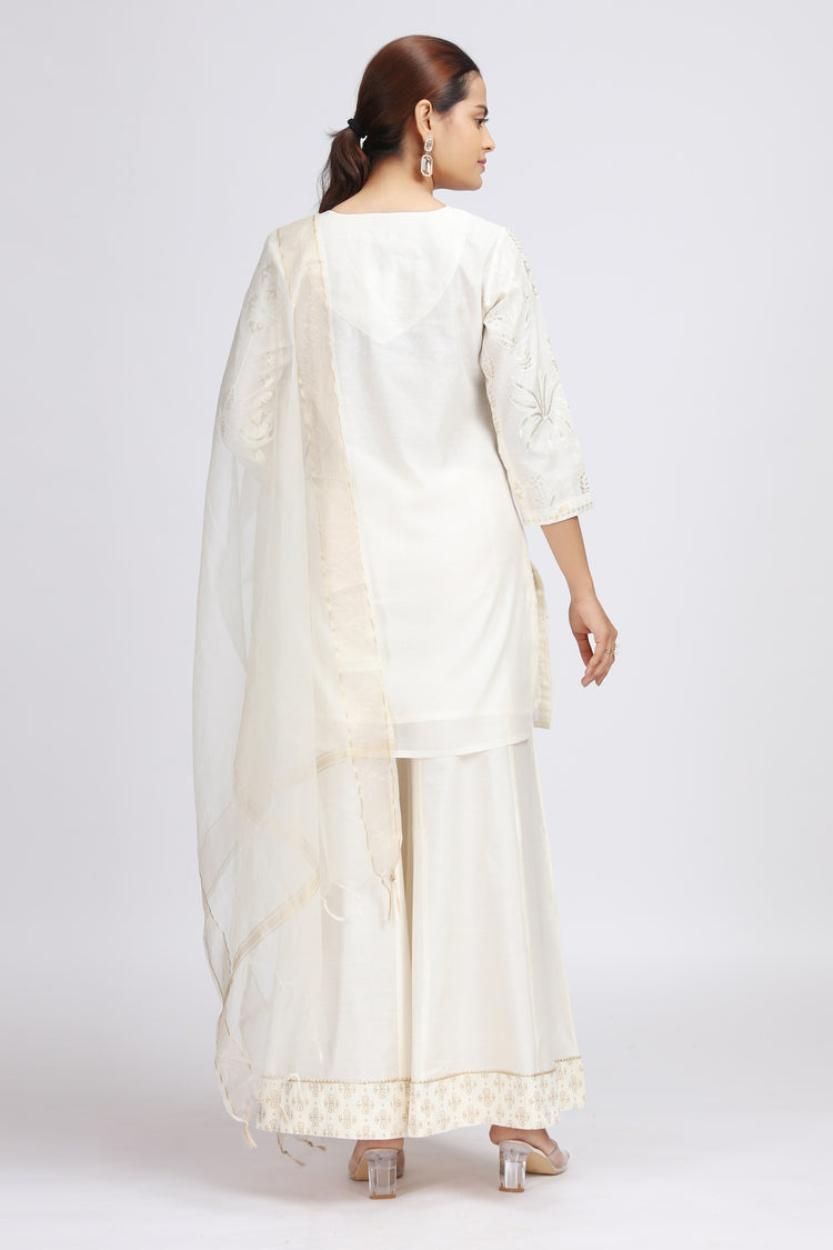 Off White Chanderi Embroidered Straight Kurta Palazzo and Dupatta Suit Set