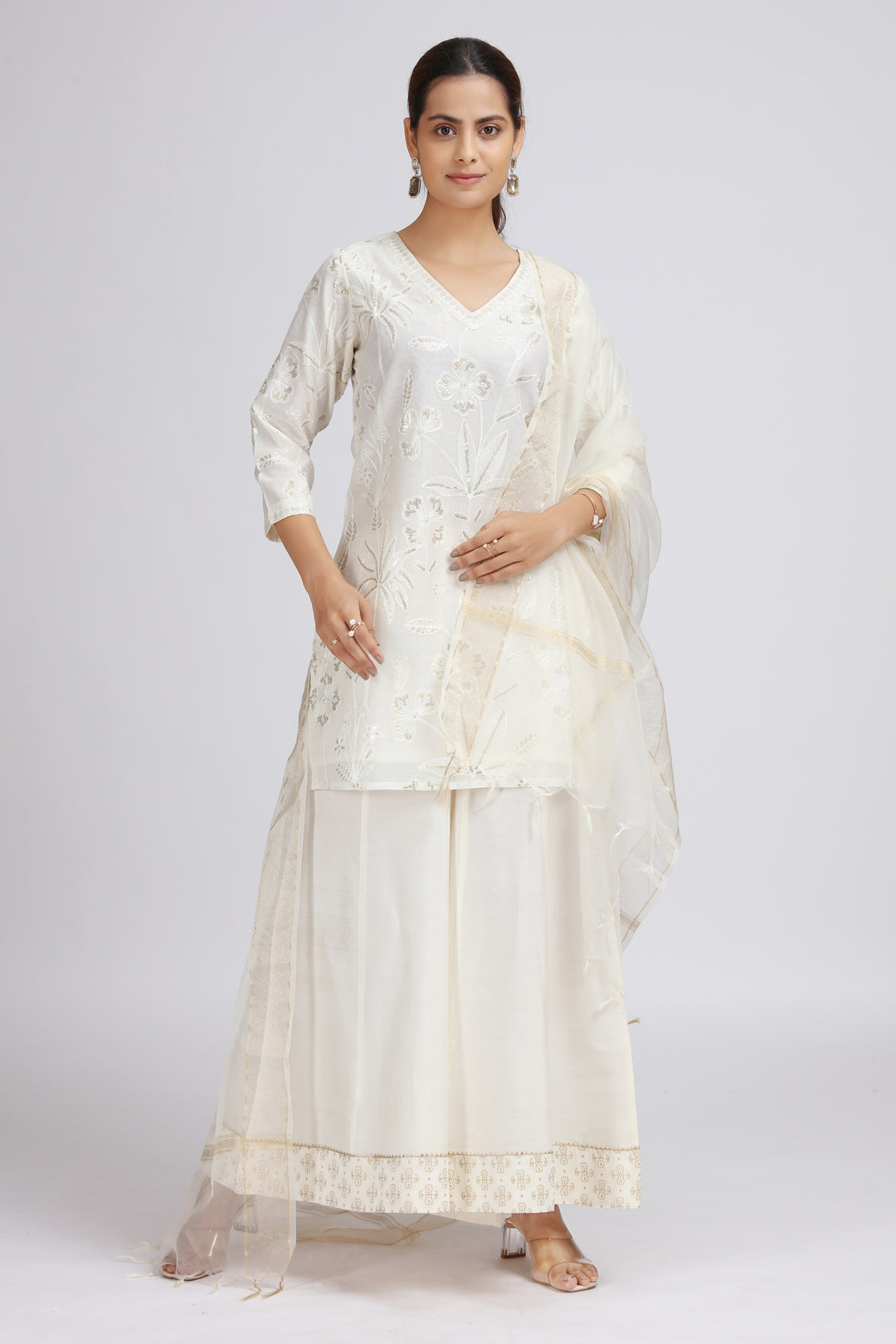 Off White Chanderi Embroidered Straight Kurta Palazzo and Dupatta Suit Set