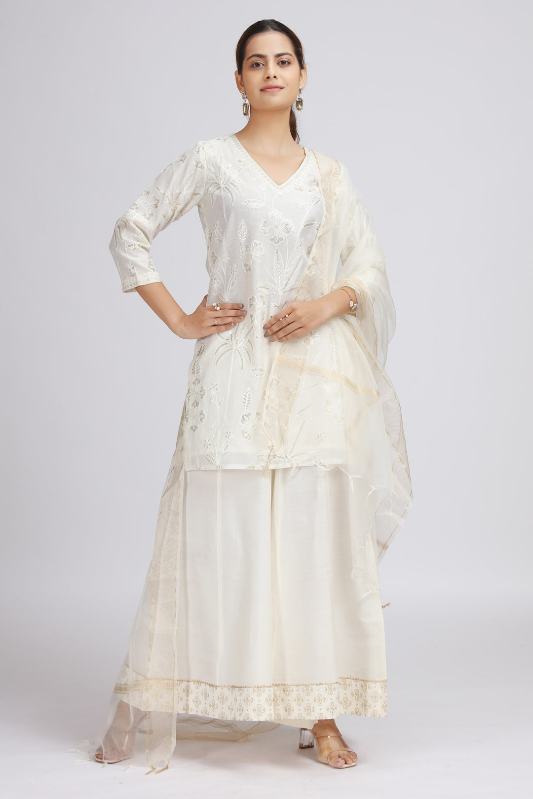 Off White Chanderi Embroidered Straight Kurta Palazzo and Dupatta Suit Set