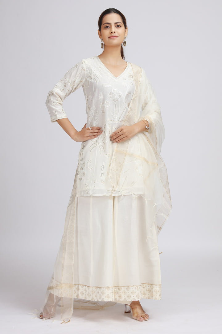 Off White Chanderi Embroidered Straight Kurta Palazzo and Dupatta Suit Set
