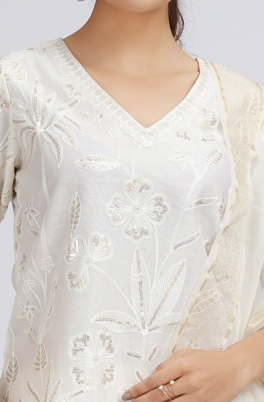 Off White Chanderi Embroidered Straight Kurta Palazzo and Dupatta Suit Set