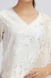 Off White Chanderi Embroidered Straight Kurta Palazzo and Dupatta Suit Set