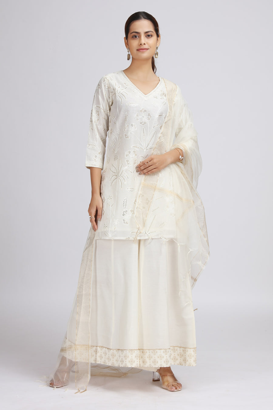 Off White Chanderi Embroidered Straight Kurta Palazzo and Dupatta Suit Set