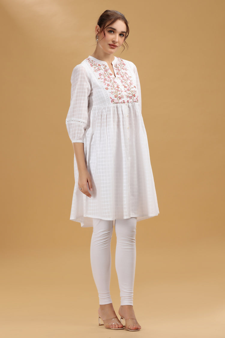 Off White Cotton Embroidered Flared Kurta