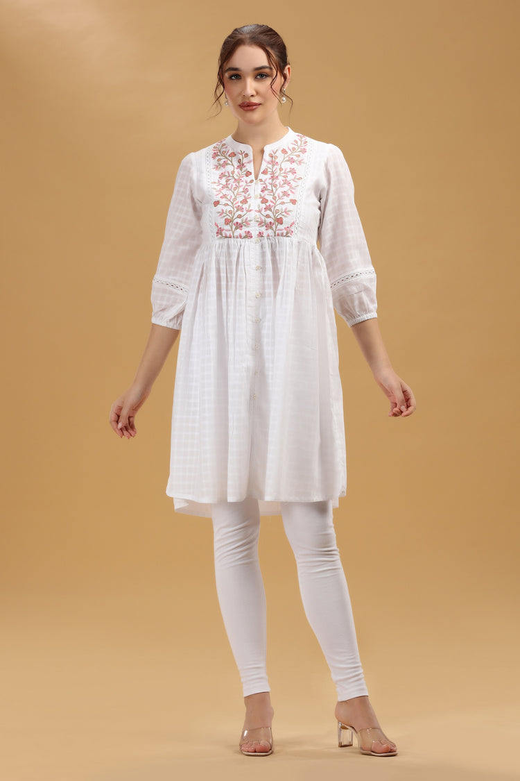 Off White Cotton Embroidered Flared Kurta