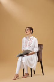 Off White Cotton Embroidered Flared Kurta