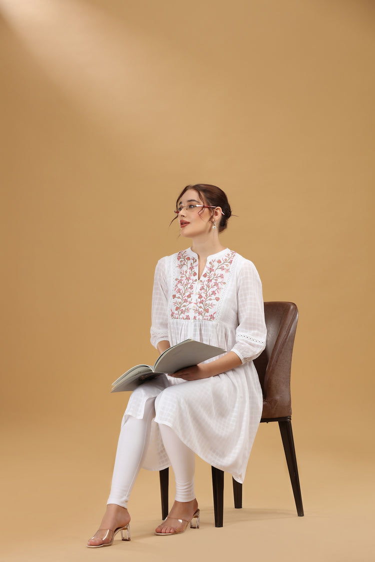 Off White Cotton Embroidered Flared Kurta