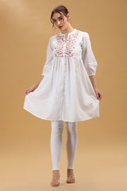 Off White Cotton Embroidered Flared Kurta
