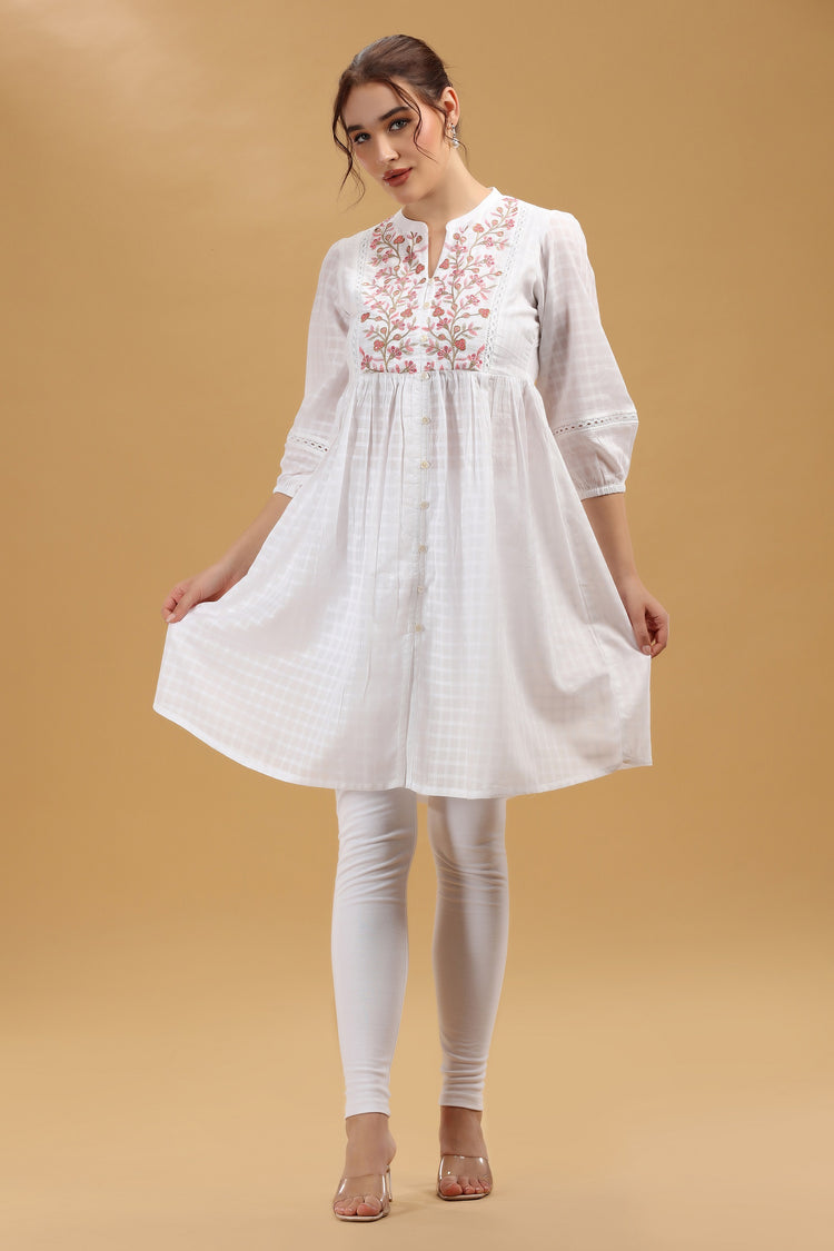 Off White Cotton Embroidered Flared Kurta