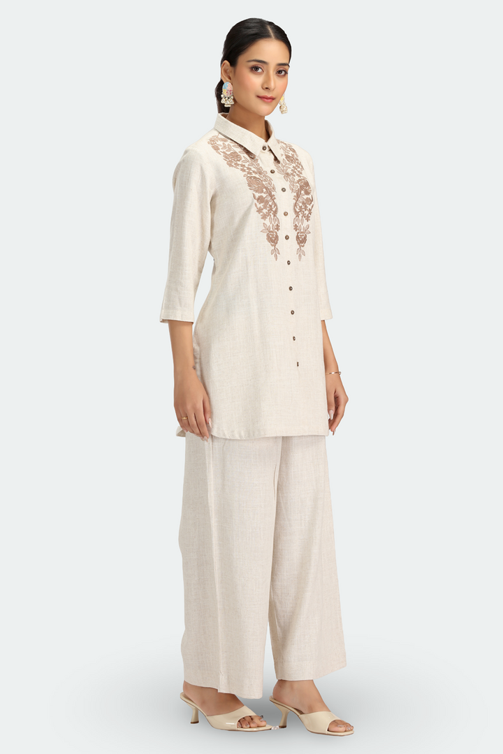 Off White Cotton Embroidered Kurta Pant Co ord Set