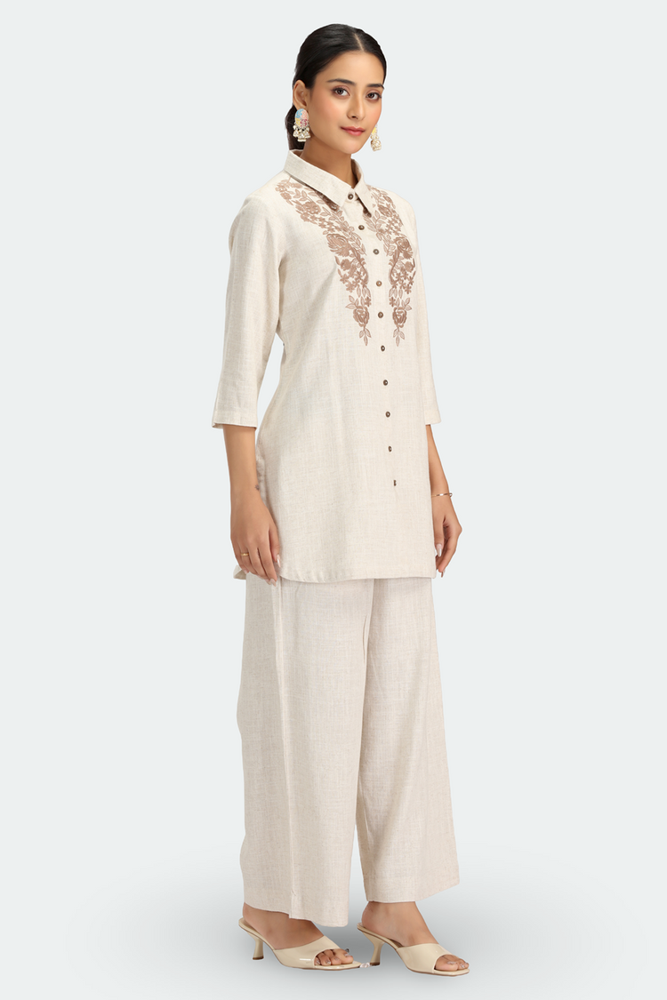 Off White Cotton Embroidered Kurta Pant Co ord Set