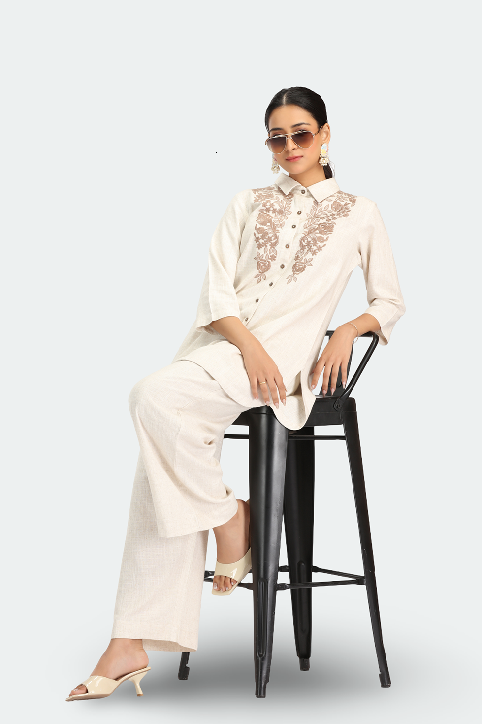 Off White Cotton Embroidered Kurta Pant Co ord Set