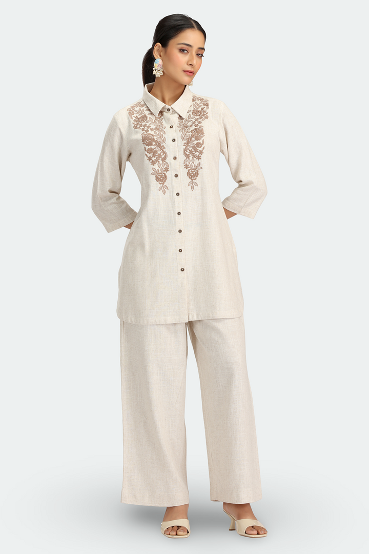 Off White Cotton Embroidered Kurta Pant Co ord Set