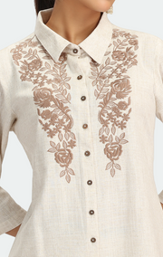 Off White Cotton Embroidered Kurta Pant Co ord Set