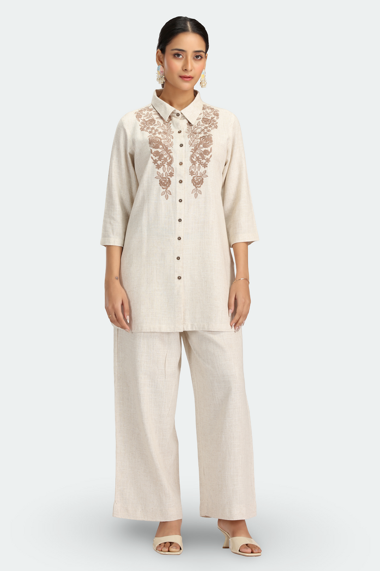 Off White Cotton Embroidered Kurta Pant Co ord Set