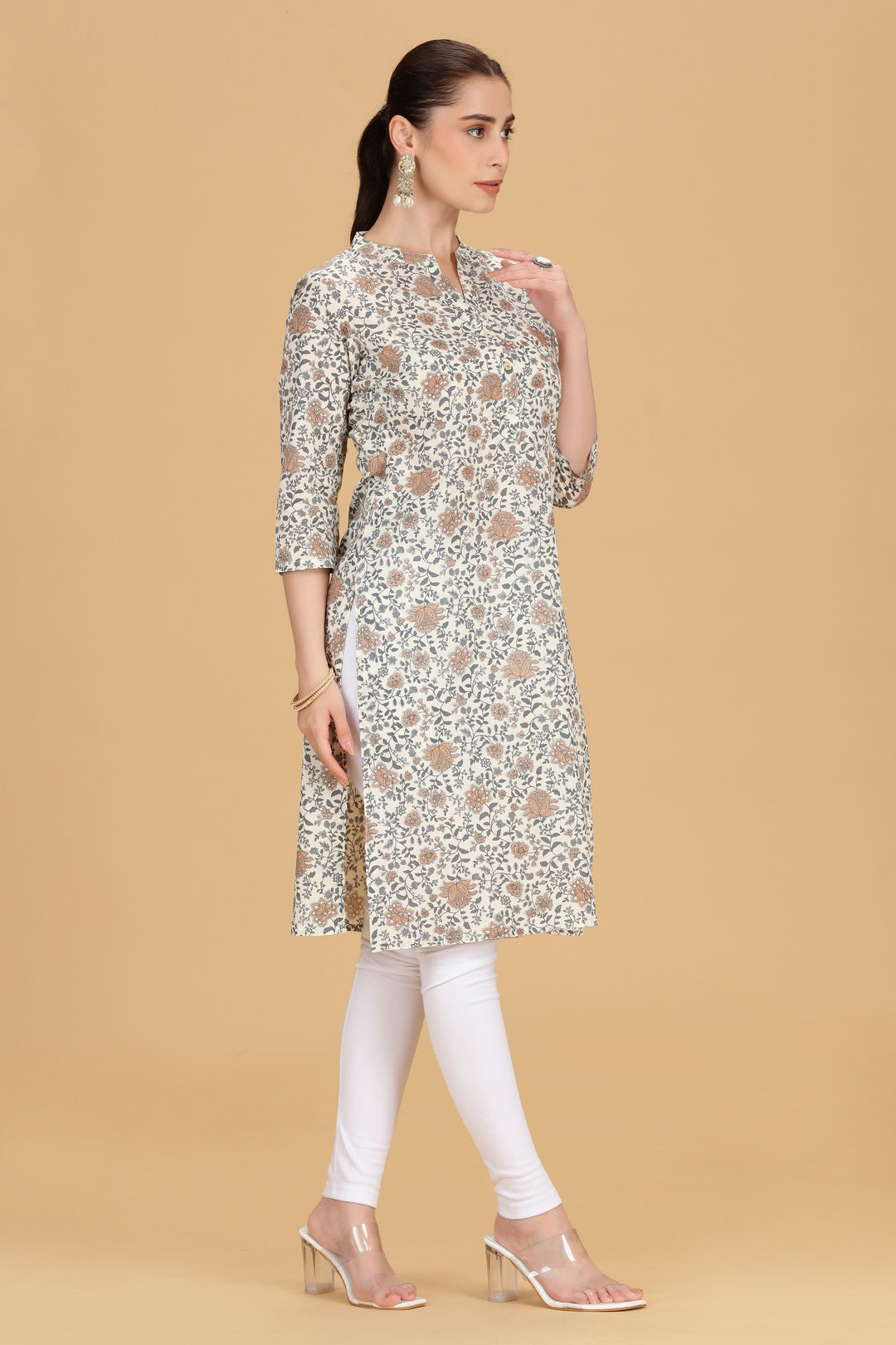 Off White Cotton Printed Straight Kurta for women