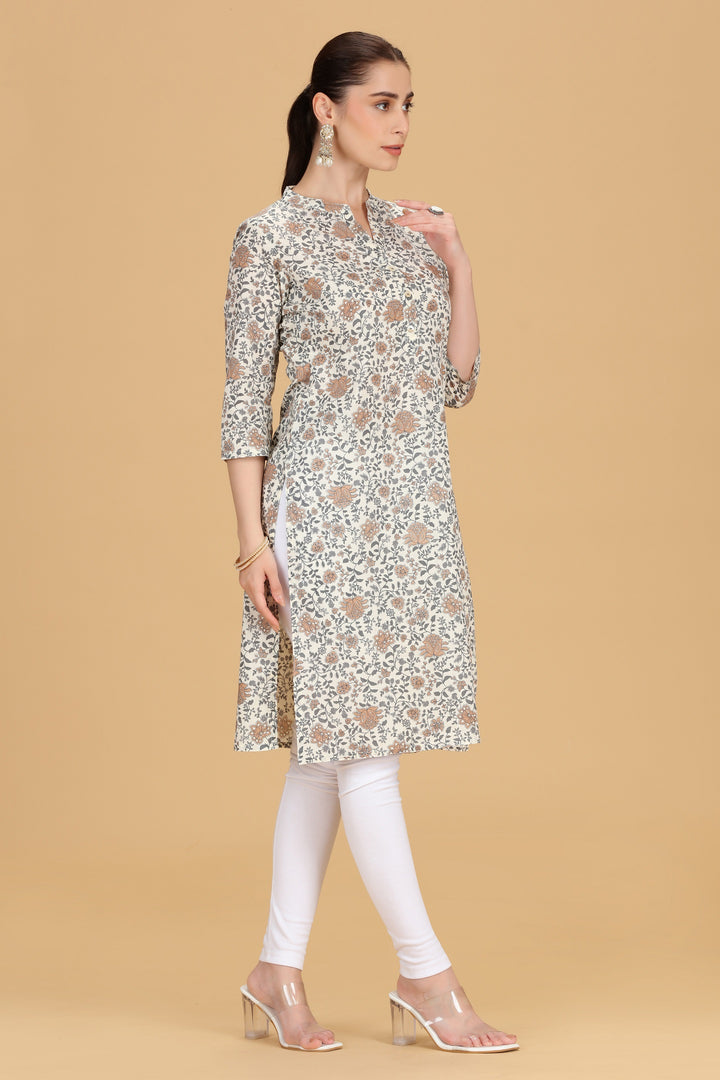Off White Cotton Printed Straight Kurta for women