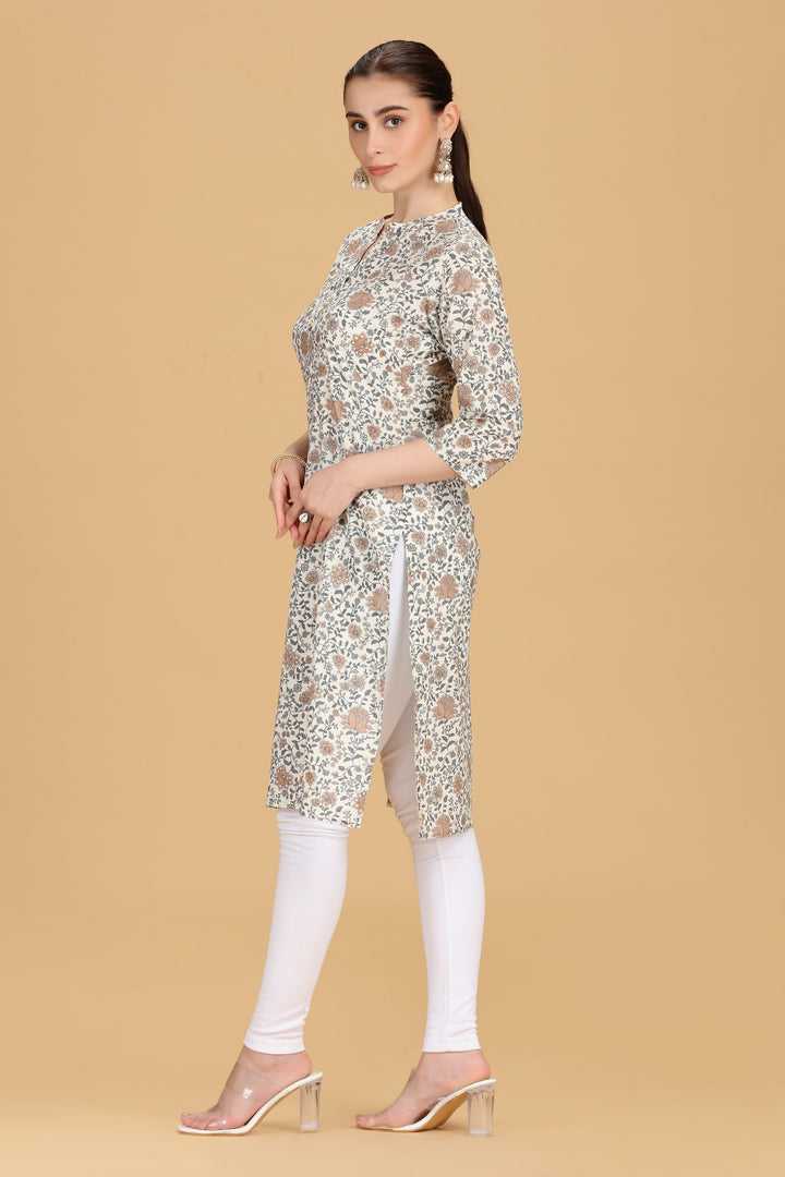 Off White Cotton Printed Straight Kurta for women