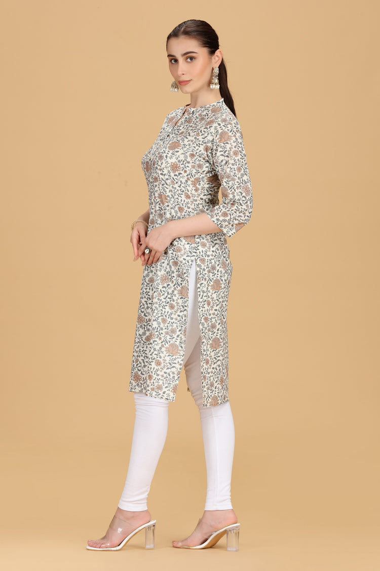 Off White Cotton Printed Straight Kurta for women