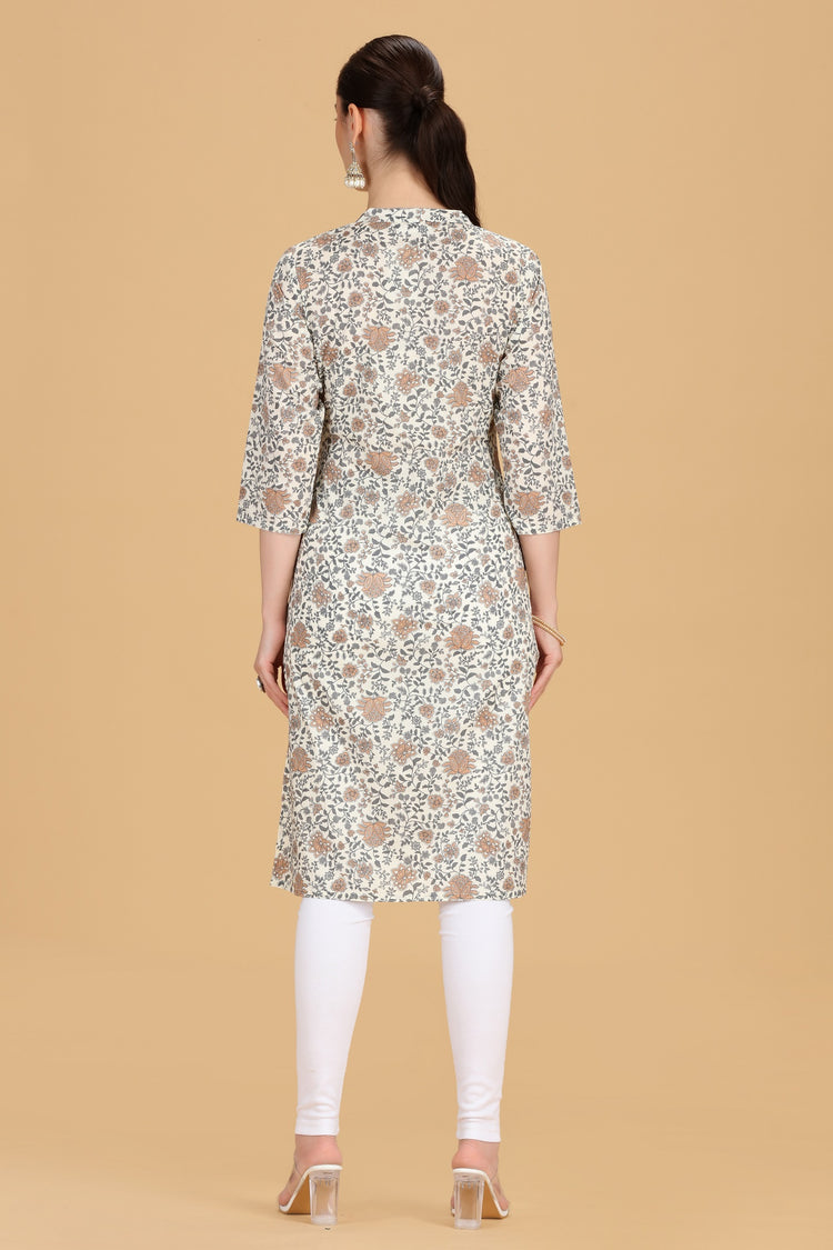Off White Cotton Printed Straight Kurta for women