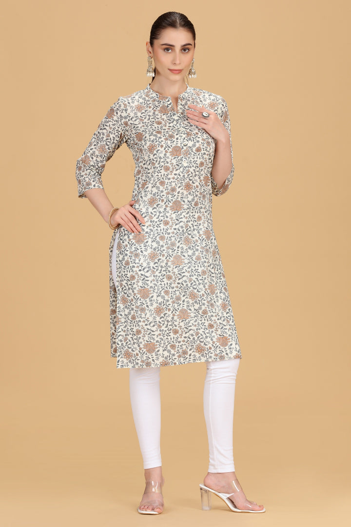 Off White Cotton Printed Straight Kurta for women